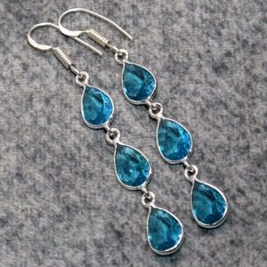 Blue Topaz Gemstone 925 Sterling Silver Handmade Drop Dangle Earrings